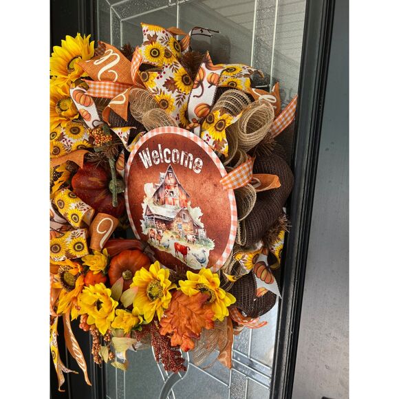 Farmhouse Sunflower Welcome Mesh Wreath - Autumn Fall Door DecorHandmade - Picture 5 of 5